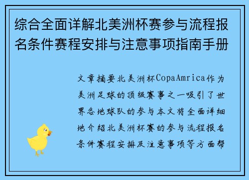 综合全面详解北美洲杯赛参与流程报名条件赛程安排与注意事项指南手册